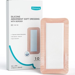 Dimora Silicone Ultra Absorbent Dressing Pads - Adhesive Wound Bandage with Gentle Border, Waterproof Soft Gauze for Post Surgical and Bed Sore Exudate Management 4"X 8" 10 Count
