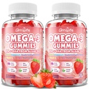 2 Pack Vegan Omega 3 Gummies 1000mg+CoQ10+Magnesium - w/Algae EPA 600mg & DHA 400mg, Fish Oil Omega-3 Supplements Alternative for Adults, for Brain, Eye, Immune Health, Strawberry Flavor, 120 Count