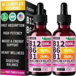 (2 Pack) Vitamin B12 and B6 Liquid Drops, B12 Sublingual Vitamin B Complex - B 12 Vitamin 5000mcg - B12 Methylcobalamin for Energy, Brain, and Heart Support with 27,200 mcg, Fruit Punch, 80 Servings