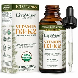 Live Wise Naturals Vegan D3 K2 Vitamin 5000 IU, 90 MCG (MK-7) Drops - 60 μερίδες, εξαιρετικά συμπυκνωμένη σύνθεση, και γρήγορη απορρόφηση - Ακρίβεια Micro-Dosing Dropper για Γνωστική & ανοσοποιητική υποστήριξη