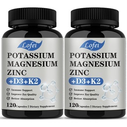 Potassium Magnesium Supplement,Magnesium Potassium Zinc Supplement with Vitamin D3& K2,Support Immune for Women & Men,Enhanced Absorption,Non-GMO,120 Veg Capsules(Pack of 2)