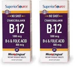 Superior Source No Shot Vitamin B-12 Cyanocobalamin 1000 mcg, B-6, Folic Acid 800 mcg - Support Brain & Heart Health - Aids Natural Energy Levels - 60 Sublingual Dissolving Tablets (Pack of 2)