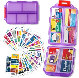 Διοργανωτής χαπιών με ετικέτες Ιατρικής Travel Daily Pill Container Mini Medication Organizer Storage Pill Organizer Travel Essentials Pill Case 7 Day (Purple & 161 Lables)