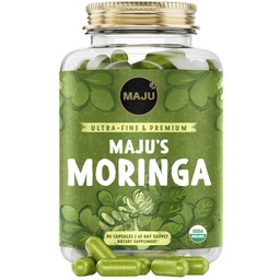 Maju Superfoods Βιολογικές κάψουλες Moringa, Oleifera Leaf, Extra-Fine Quality Φύλλα Moringa, Αποξηραμένα φύλλα δέντρου Drumstick, Βιολογικό συμπλήρωμα εκχύλισμα σκόνης Moringa Κάψουλες από φυτό (90 ct)
