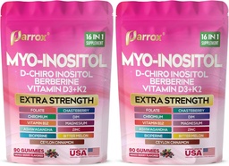 Myo-Inositol & D-Chiro Inositol Gummies with Berberine, Vitamins D3+K2, B12, Folate, Zinc, Magnesium, Ashwagandha, Chasteberry, Bioperine, DIM - 16 in 1 Supplement - 90 Gummies (2 Pack)