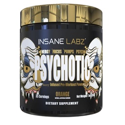 Insane Labz Psychotic Gold, Υψηλής διεγερτικής πριν από την προπόνηση σκόνη, Extreme Lasting Energy Focus, Αντλίες και αντοχή με Beta Alanine, DMAE Bitartrate, NO Booster (35 εξυπηρετούν, Πορτοκαλί)
