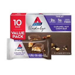Atkins Endulge Caramel Nut Chew Bar, Low Sugar Snack, Dessert Bar, High Fiber Bar 1g Sugar, 10 Count (Pack of 6)
