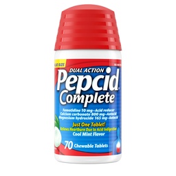 Pepcid Complete Acid Reducer + Antacid Chewable Tablets, 10mg Famotidine, 800mg Calcium Carbonate & 165mg Magnesium Hydroxide per Heartburn Medicine Tablet, Antacid Chews, Mint Flavored, 70 ct