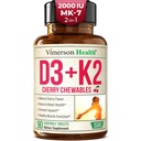 Vitamin D3 K2 Supplement – All-in-1 Support for Immune, Bone & Heart Health – Vitamin D + Vitamin K (as MK7) – K2 D3 2000IU Vitamin Supplement, 90 Natural Cherry-Flavored Chewables