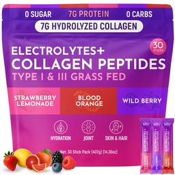 Keto Vitals Collagen Powder for Women Plus Electrolytes - 30 Travel Packets - 7.78G of Type I & III Grass Fed Hydrolyzed Collagen Peptides Protein Per Stick - Colageno Hidrolizado for Women