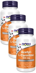 NOW Συμπληρώματα, Acetyl-L Καρνιτίνη 500 mg, Amino Acid, Brain and Nerve Cell Function*, 50 Veg Capsules (Pack of 3)