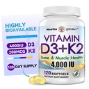 Vitamin K2 (MK7) with D3 Supplement Non-GMO Formula 4000 IU Vitamin D3 & 200 mcg K2 MK-7 Easy to Swallow D & K Complex, 120 Softgels