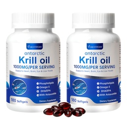 Antarctic Krill Oil | 1000mg Per Serving, Omega-3 EPA DHA Choline Astaxanthin & Phospholipids, Mercury Free, No Fishy Aftertaste, Supports Joint, Heart, Brain & Immune Health, 360 Softgels