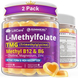 L-MethylFolate 15mg 7.5mg & B12 1000 mcg Gummies, Methylated B Complex + TMG, Magnesium, Choline - Active 5-MTHF(B9) + Methyl B12, B6, Multivitamin - Methylation, Cognition, Mood, Sugar Free, 2 Pack