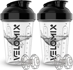 VELOMIX -2 Pack- 20 oz Protein Shaker Bottles for Protein Mixes - 2x Wire Whisk | Leak Proof Shaker Cups for Protein Shakes and Pre Workout | Protein Shaker Bottle Pack (Clear Prime)