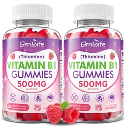 2 Pack Vitamin B1 Gummies 500mg for Adults & Kids – High Potency Thiamine B1 Supplement for Energy & Nervous System Support, Sugar-Free, Raspberry Flavor, 120 Count