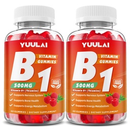 Pack of 2 Vitamin B1 Gummies 500mg for Adults & Kids, Thiamine B1 Supplement with Magnesium, Vitamin B1 Supplement for Nervous System Supports & Boost Energy, Raspberry Flavor, 120 Count