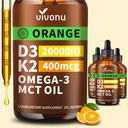 VivoNu Vitamin D3 K2 10000 IU with MK7-300 Virgin Coconut Oil Softgels, 2 in 1 Vitamins D & K Complex | Vitamina D3 con K2 (3 Bottle/6Ounces)
