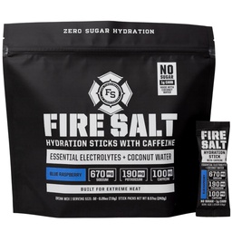 Fire Salt Hydration Sticks, Electrolytes & Organic Coconut Water, Hydration Drink Mix with Caffeine & Mediterranean Sea Salt, Zero Sugar, Blue Raspberry, 32 Single Serve On the Go Packs