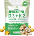 Vitamin D3 + K2 w/Coconut Oil,Vegan Vitamin D 10000IU & Mk7 Vitamin K 200 mcg for Bone, Immune & Heart Support | Easy to Swallow-Non-GMO-300 Softgels