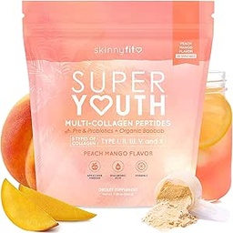 SkinnyFit - Super Youth Collagen for Women - Multi Collagen Peptides Powder - Probiotics, Fiber, Hyaluronic Acid - Μη ΓΤΟ, Χωρίς γλουτένη, Χωρίς ζάχαρη - Beauty & Self Care - Peach Mango (28 Services)