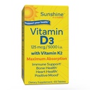 Sunshine Vitamin D3 with Vitamin K2, D3 5000 IU with K2 100 mcg for Healthy Muscle Function, Bone Health and Immune Support, Vitamin D3 K2, 60 Tablets