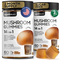 Mushroom Gummies 5000 Mg 120 Pcs (2 Pack) - Mane Lion's και 9 Adaptogenic Mushrooms Blend - Ashwagandha, L-Theanine - Mushroom Gummies for Energy, Immunity, Focus, Brain Boost - No Sugar and GMO