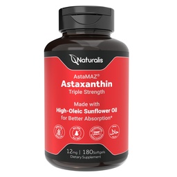 Naturalis New Zealand Astaxanthin (12mg) | Triple Strength with High-Oleic Sunflower Oil | Non-GMO, Soy & Gluten Free | 180 Softgels (6-Month Supply)
