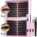 EYDEVRO Fluffy Lash Clusters Kit 80D100D Volume Lash Extension Kit 280 Pcs Left/Right Cluster Eyelash Extension Kit D Curl Thick Mega Lash Clusters with Waterproof Lash Bond and Seal and Lash Tweezers