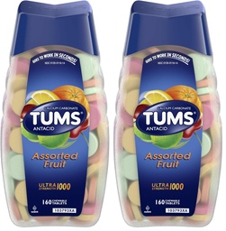 TUMS Ultra Strength Antacid Tablets for Chewable Heartburn Relief and Acid Indigestion Relief, Assorted Fruit - 160 Count, (Pack of 2)