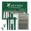 KEYYOU Lash Extension Kit DIY 300Pcs Lash Clusters Eyelash Extension Kit 50D D Curl 9-18MIX Lash Clusters Kit with Lash Glue Remover Applicator Easy to Use for Beginners(Kit,50D-D,9-18MIX)