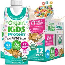 Orgain Organic Kids Nutritional Protein Shake, Fruity Cereal - Παιδικά Σνακ με 8g Γαλακτοκομικής Πρωτεΐνης, 22 Βιταμίνες & Ορυκτά, Φρούτα & Λαχανικά, Χωρίς Γλουτένη, Χωρίς Σόγια, Μη ΓΤΟ, 8,25 Fl Oz (Pack of 12)