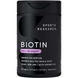 Sports Research® Biotin 5.000mcg με Βιολογικό Λάδι Καρύδας - Βιοτίνη (Vitamin B7) για Υγιή Δέρμα και Υποστήριξη μαλλιών* - για γυναίκες και άνδρες - Vegan, μη-GMO, Γλουτένη & χωρίς σόγια - 30 Veggie Softgels