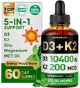 5-in-1 Vitamin D3 K2 Drops - Vitamin D3 10000 IU & K2(MK-7) 200mcg with Magnesium, MCT Oil, Zinc, Sugar Free Vitamin D Liquid Supplement|Maximum Absorption for Bone, Mood & Immune - 2 FL OZ, 60 Days