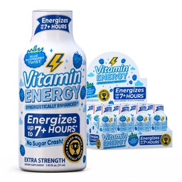 Vitamin Energy Blue Raspberry Twist Extra Strength Energy Shot, 8 Pack - Up to 7 Hrs, 260mg Natural Caffeine, Zero Sugar - Electrolytes + BCAAs, Hydration, B12 B6 Niacin, 1.93 fl oz, Keto Vegan