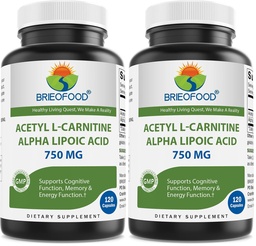Brieofood Acetyl L-Carnitine Alpha Lipoic Acid (ALA ALC) 750 mg 120 Capsules (Pack of 2)