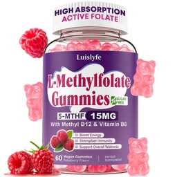 L-Methylfolate 15mg Gummies & Methyl B12, High Absorption Active Folate 5-MTHF Supplement for Cognition, Mood & Immune, Sugar Free, Vegan, Non-GMO, Raspberry Flavor, 60 Count
