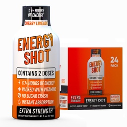 Cherry Limeade Extra Strength Energy Shot 24 pk – 260mg Natural Caffeine B12 B6 – Energy & Focus Support – 2 Servings Sugar Free Zero Calorie Green Tea B-Vitamins Electrolytes Vegan – 1.93 fl oz