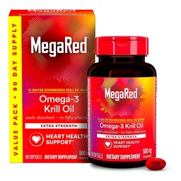 MegaRed Antarctic Krill Oil 500mg Omega 3 συμπλήρωμα λιπαρών οξέων, επιπλέον δύναμη EPA & DHA Softgels πετρελαίου κριλ (90cnt Box), Ασταξανθίνη, συμπλήρωμα υγείας καρδιάς με καμία επίγευση ιχθυέλαιου