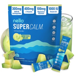 Nello Supercalm Powdered Drink Mix, Cortisol Reducer and Sleep Aid Supplement, L Theanine, Ksm-66 Ashwagandha, Magnesium Glycinate, Vitamin D 3, No Sugar, Non GMO, On The Go, 20 Ct, Honeydew Melon