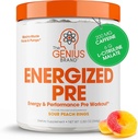 Genius Energized Preworkout Powder – Caffeine Infused Προ-Engine Booster Supplement with Beta Alanine & Alpha GPC, No Artificial Sweeteners or Dyes - 200mg Caffeine, 20 Servings, Sour Peach Rings