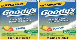 Goody's Headache Relief Plus Mental Alertness Powder, with Aspirin and Caffeine, Strawberry Citrus Flavor, 16 Count (Pack of 2)