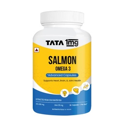 Tata 1mg Salmon Omega 3 Fish Oil Supplements 1000mg - 90 Capsules | Triglyceride form | 180mg EPA & 120mg DHA | High Absorption for Heart,Brain & Joints | Helps Manage Cholesterol