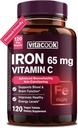 Iron Supplement for Women Men, High Potency Iron 65mg with Vitamin C 250mg, Stomach Friendly Iron Pills for Red Blood Cell & Immune Support, Non-GMO & Gluten Free,120 Vegan Tablets