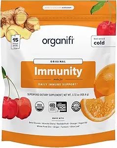 Organifi Ανοσία - Βιολογικά Superfood Ανοσία Υποστήριξη - 15 Ενιαία πακέτα σερβίρετε - Ανοσία Σκόνη για την παραγωγή T κυττάρων και την ανώτερη αναπνευστική υγεία - Mushroom Beta Glucans, βιταμίνη C, D και ψευδάργυρος