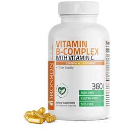 Bronson Vitamin B Complex with Vitamin C - Ανοσοποιητική Υγεία, Υποστήριξη & Νευρικό Σύστημα - Μη ΓΤΟ, 360 κάψουλες χορτοφάγων