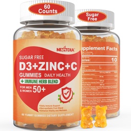 Χωρίς ζάχαρη Βιταμίνη C + D3 + Gummies ψευδάργυρου για ενήλικες 50 +, 9 σε 1 Συμπλήρωμα Ανοσολογικής Άμυνας με D3 5000IU, Elderberry, Echinacea, Mullein Leaf for Boost Immunity, Power Antioxidant, Vegan (Pack of 1)