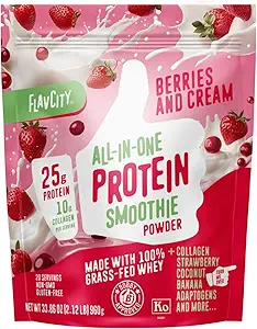 FlavCity Grass Fed Whey Protein Powder - μούρα & Κρέμα - 25g πρωτεΐνη & 10g κολλαγόνο - Made with Organic Strawberries & Coconut Milk - Χωρίς γλουτένη & Χωρίς πρόσθετα σάκχαρα (20 Servings)