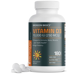 Bronson Βιταμίνη D3 10. 000 IU (250 MCG) για Υγιή Μυϊκή Λειτουργία και Ανοσολογική Υποστήριξη, Μη- ΓΤΟ, 180 δισκία