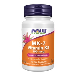 NOW Συμπληρώματα τροφίμων, MK-7 Βιταμίνη K-2 100 mcg, Καρδιαγγειακή Υποστήριξη *, Υποστηρίζει την υγεία των οστών *, 60 κάψουλες Veg